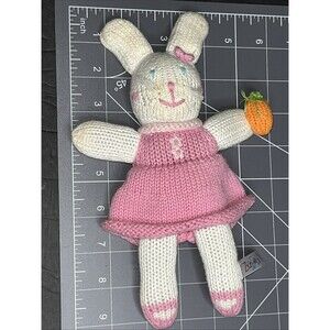Zubels Rattle White Bunny Girl 9”Knitted Plush Toy Pink Dress With Carrot
